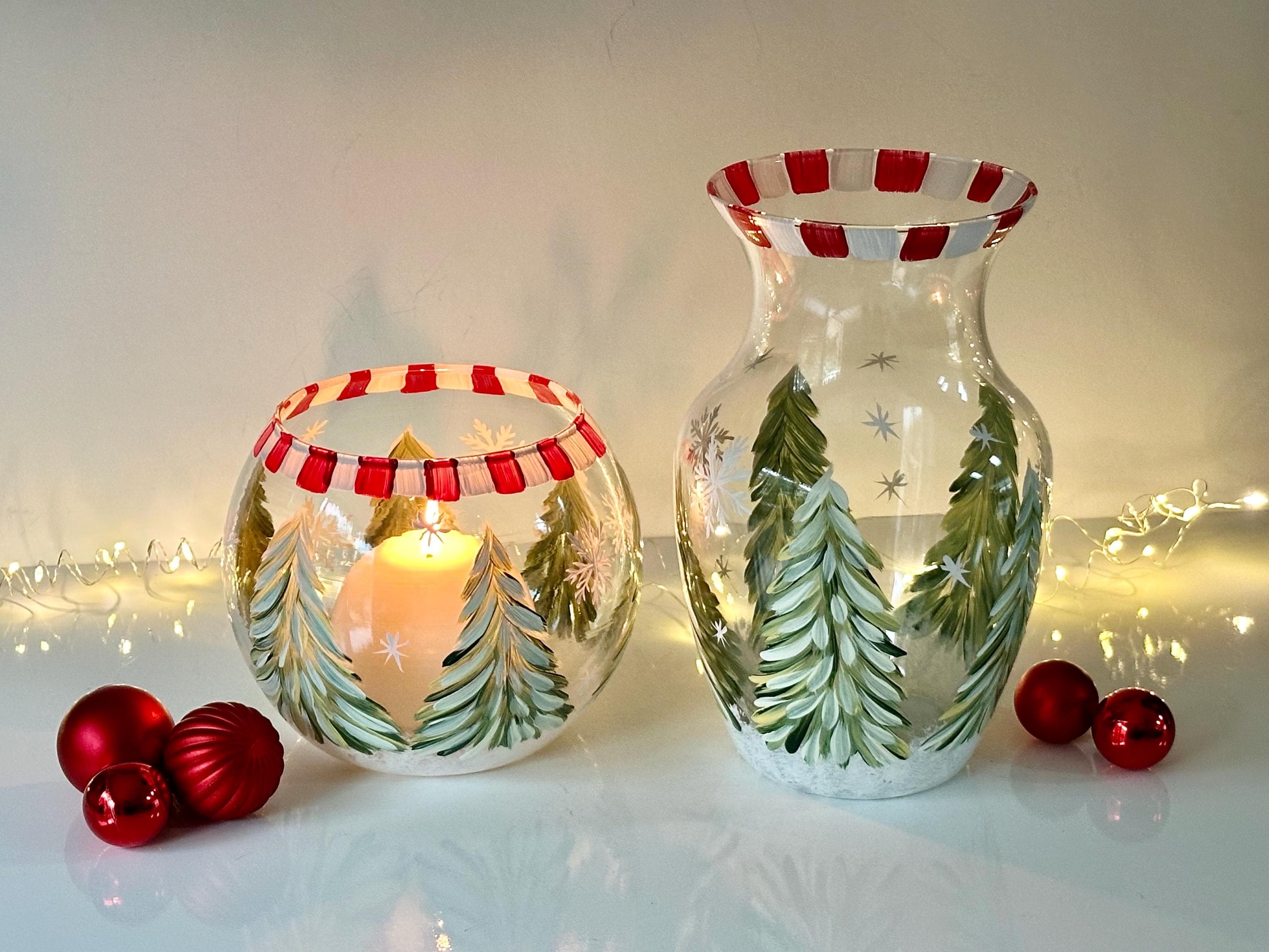 Painted winter vase whimsical Christmas, Painted holiday vase snow covered trees table decor, glass flower vase housewarming coworker gift