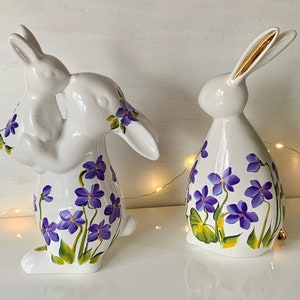 Hand painted Easter bunny, cute Easter decor, ceramic spring bunny welcoming baby gift, unique Easter decor, painted violets rabbit