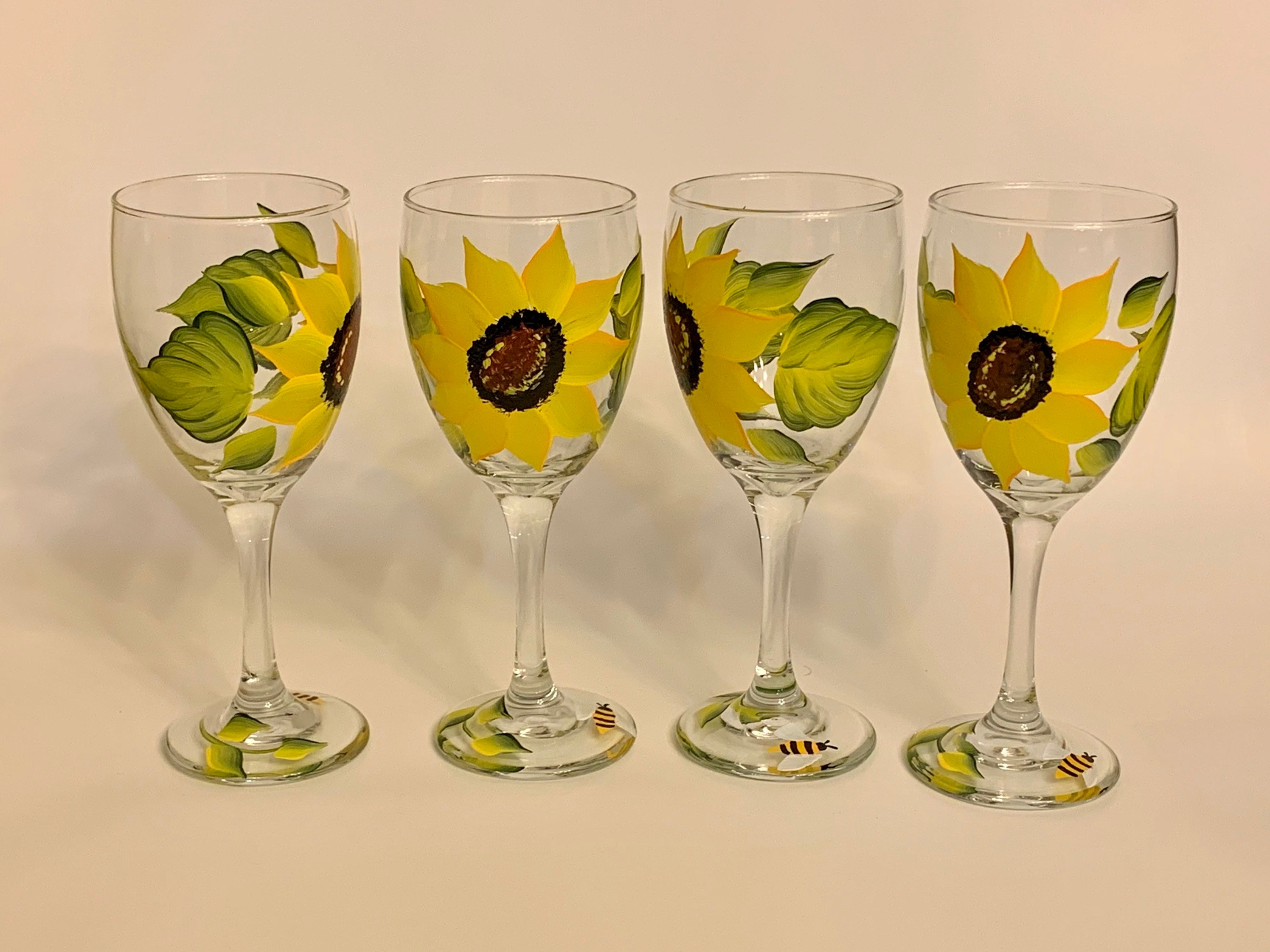 Set of 4 Hand Painted Country Sunflower Wine Glasses