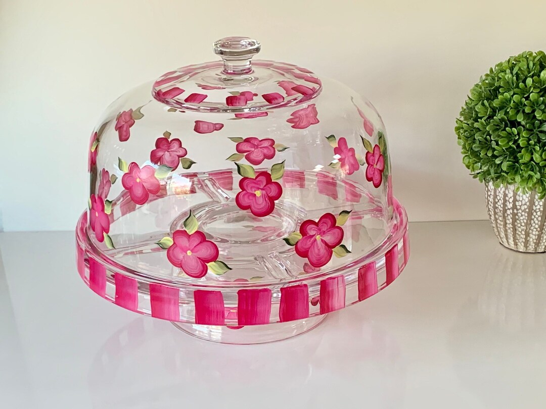 Painted Glass Cake Dish Set With Magenta Flowers, Cupcake Stand, Cake ...