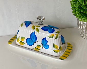 Blue butterfly butter dish hand painted, whimsical covered ceramic butter dish with knob, butter dish with lid morph butterfly wedding gift