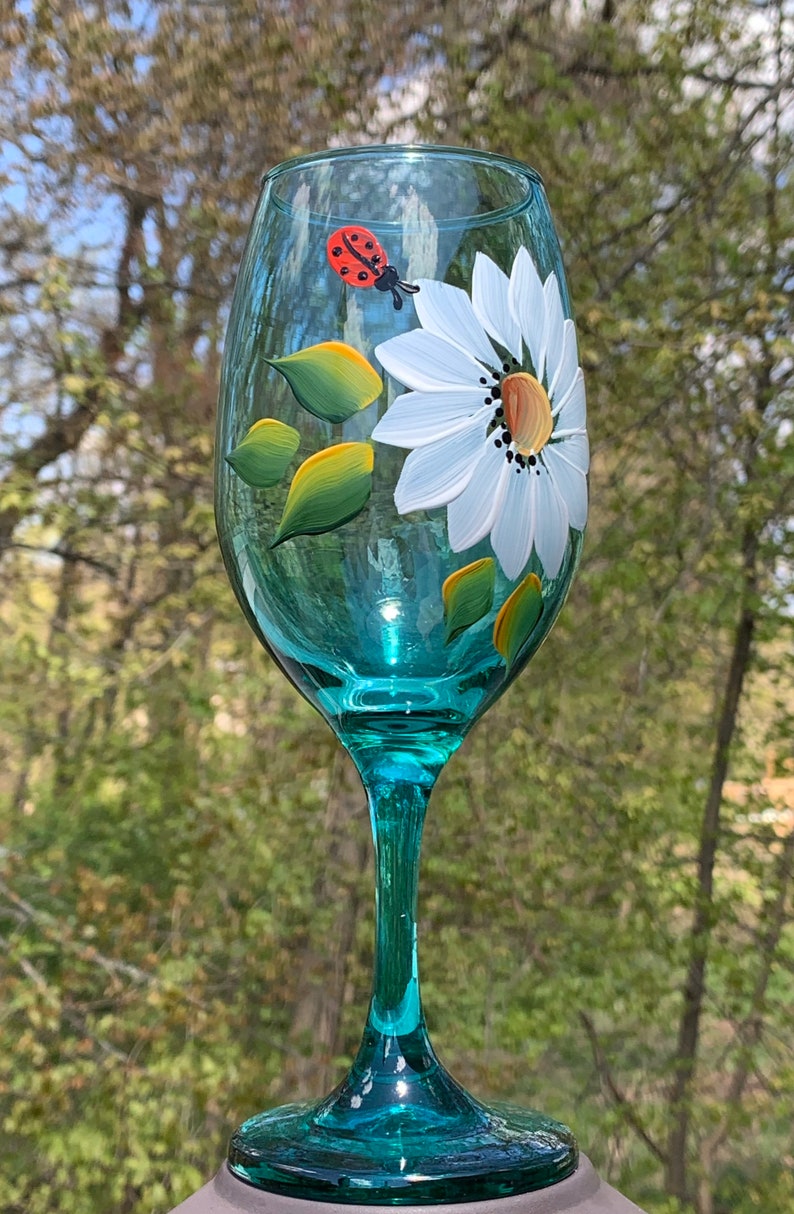 summer wine glass wine wedding gift. white wine glass wine goblet Hand painted wine glasses with daisies and a cute ladybug