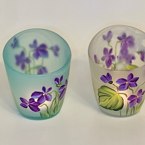 Hand painted candle holder violets, frosted glass dish, potpourri holder, votive candle holder, Easter table decor, violets spring decor