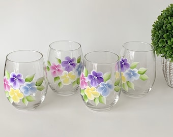 Painted spring glasses, painted stemless floral wine glass, Easter stemless glass, cute floral stemless, Easter hostess gift, godmother gift