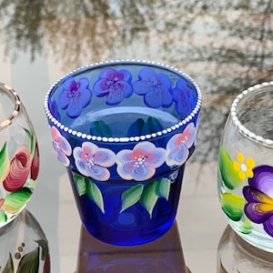 Painted candle holder, tea light candle holder, cobalt blue glass, votive holders, painted roses, pansies pink flowers glass