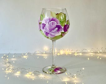 Painted red wine glasses pink roses, wine goblet godmother gift, mother of the bride gift, 21st birthday gift for her, floral step mom gift