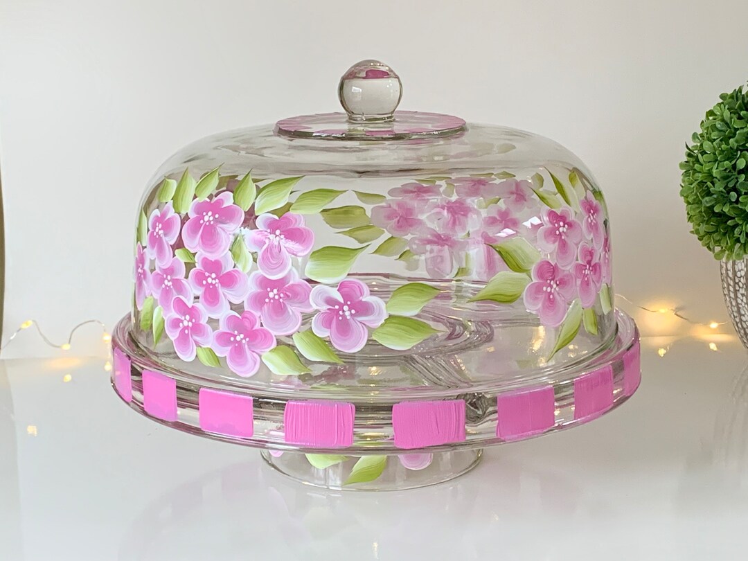 Hand Painted Glass Cake Dome Set Pink Flowers Wedding Cake Etsy