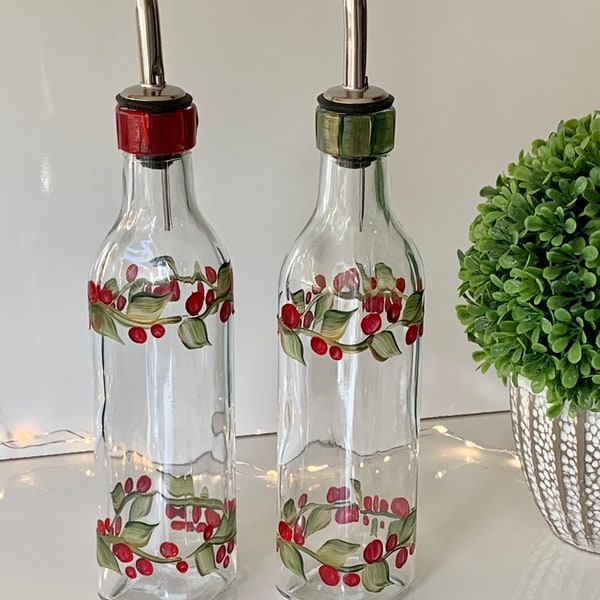 Olive oil bottle, soap dispenser, winter oil bottle, vinegar dispenser, kitchen soap dish, painted berries  bottle winter wedding gift
