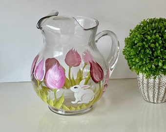 Painted glass Easter pitcher, cute bunny Easter pitcher spring flower vase, mom sangria lemonade pitcher, painted pink tulips vase pitcher,