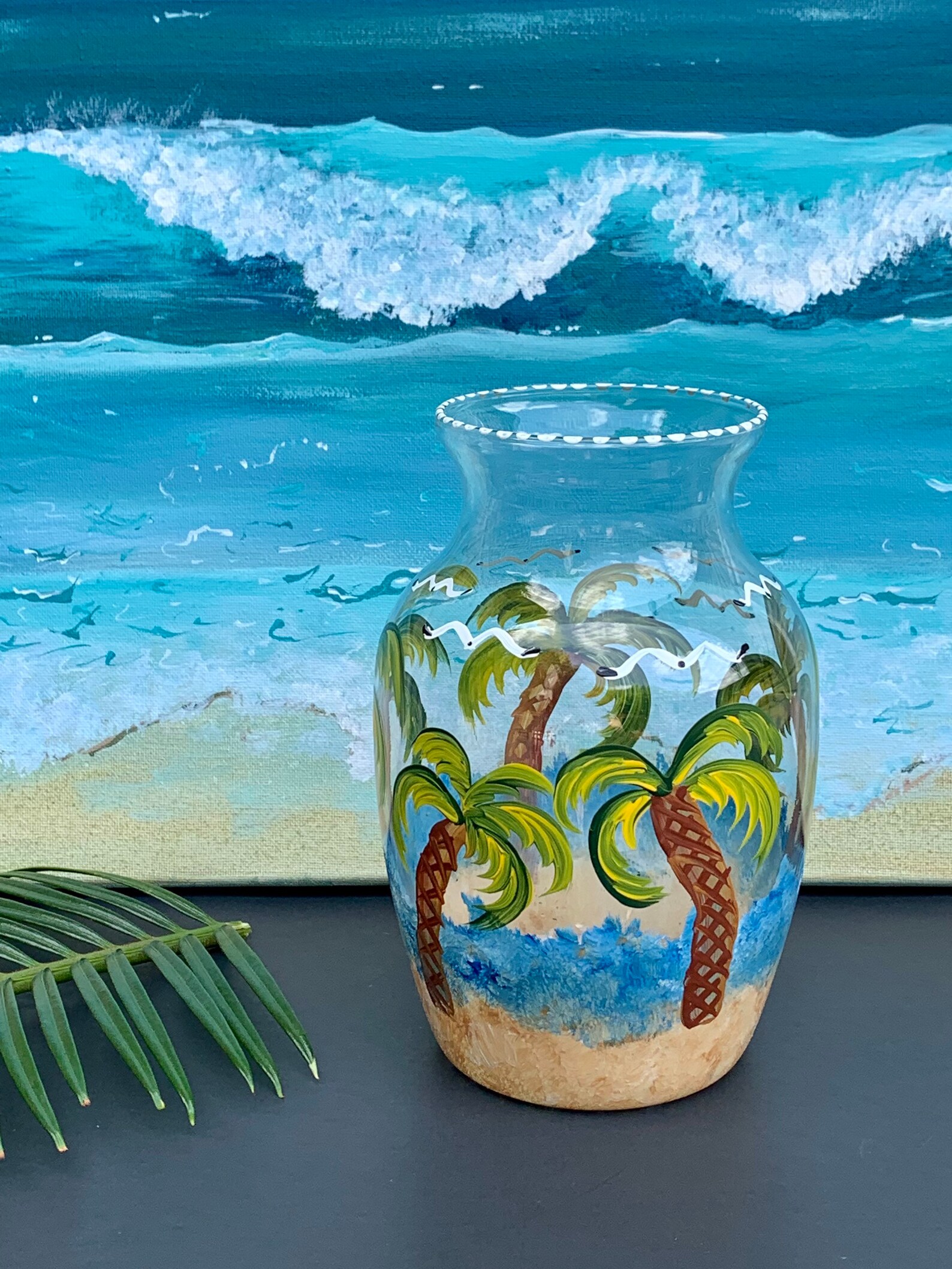 Tropical Glass Vase Palm Tree Decor Coastal Kitchen Vase Etsy