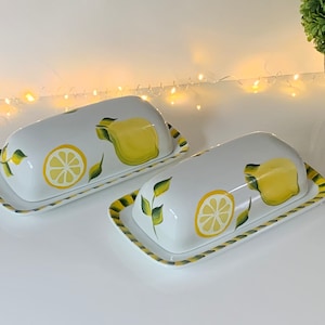 Hand painted ceramic butter dish, lemons butter dish with lid, painted butter dish wedding gift, covered butter dish lemon Mother’s Day gift