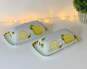 Hand painted ceramic butter dish, lemons butter dish with lid, painted butter dish wedding gift, covered butter dish lemon Mother’s Day gift