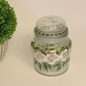 Painted white flowers cookie jar, candy jar, glass jar with lid, candle holder jar, painted tea jar, step mom gift, godmother gift