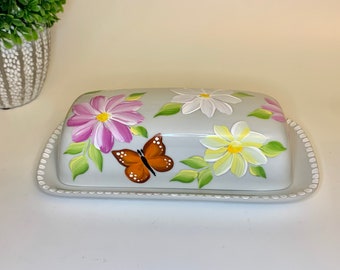 Butter dish, painted spring flowers, covered butter dish, butter dish with lid, ceramic daisies butterflies butter dish