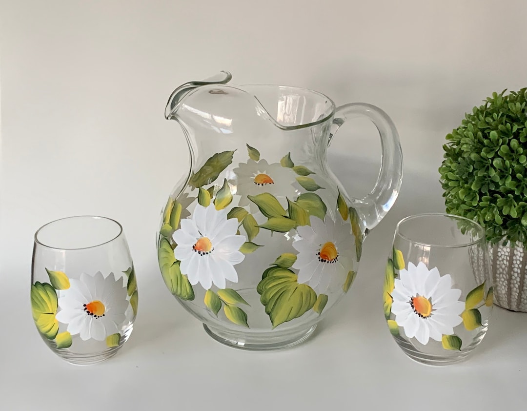 Glass Pitcher, Painted Wine Glasses, Stemless Wine Glass, Daisy Pitcher