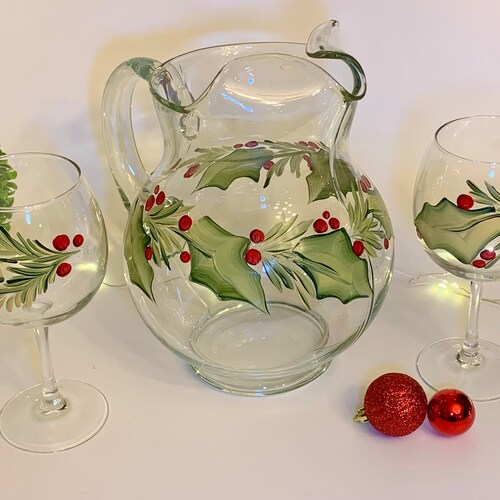 Hand Painted Christmas Wine Glasses With Holly Etsy