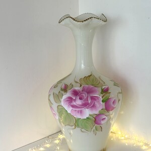 Painted pink roses vase, white glass large flower vase, unique pink wedding gift for her, Mother’s Day gift, mother of groom gift roses