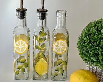 Painted oil bottle lemons, one olive oil dispenser, soap dispenser, dish soap bottle, lighted bottle, recycled bottle, wine bottle lemons
