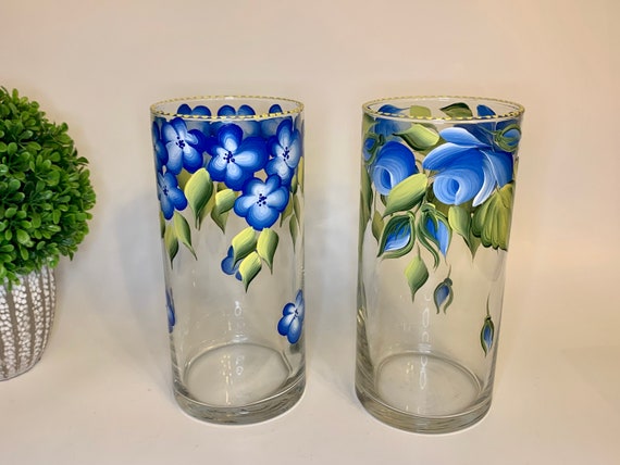 Painted Glass Vase, Blue Rose Decor, Blue Glass Vase, Flowers Vase