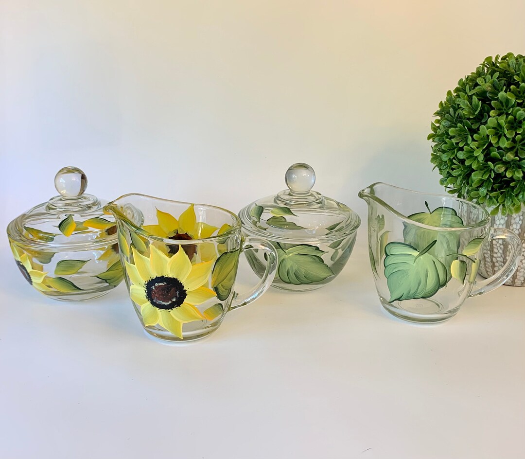 Hand Painted Glass Sugar and Creamer Set, Sunflowers or Sage Green