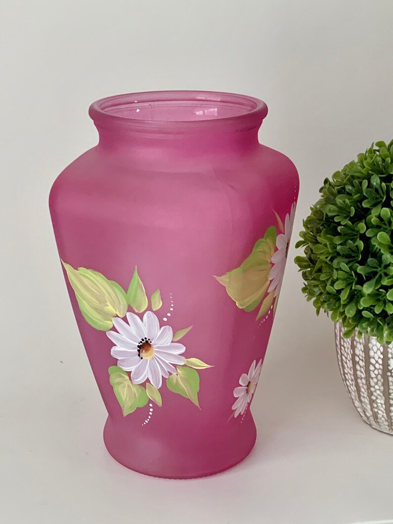 Hand Painted Glass Vase Painted White Daisies Frosted Pink Etsy