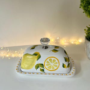 Painted ceramic butter dish lemons, butter dish with lid, painted butter dish wedding gift, covered butter dish lemon Mother’s Day gift