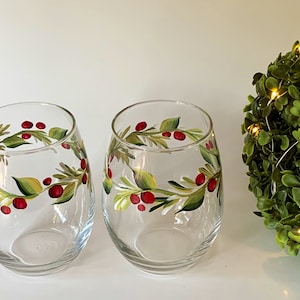 Stemless wine glass painted with holly berry. Listing is for two glasses. image 1