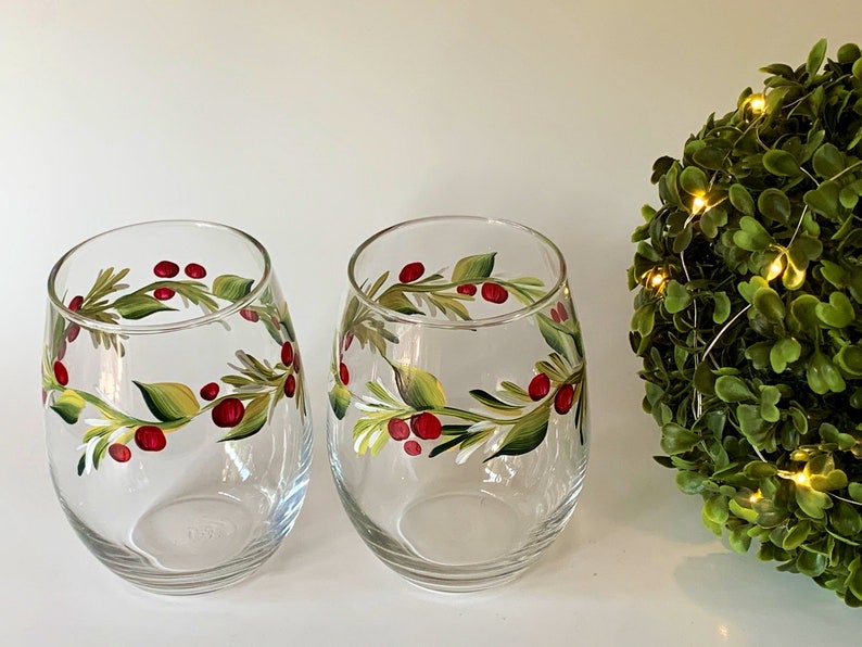 Stemless wine glass painted with holly berry. Listing is for two glasses. image 1