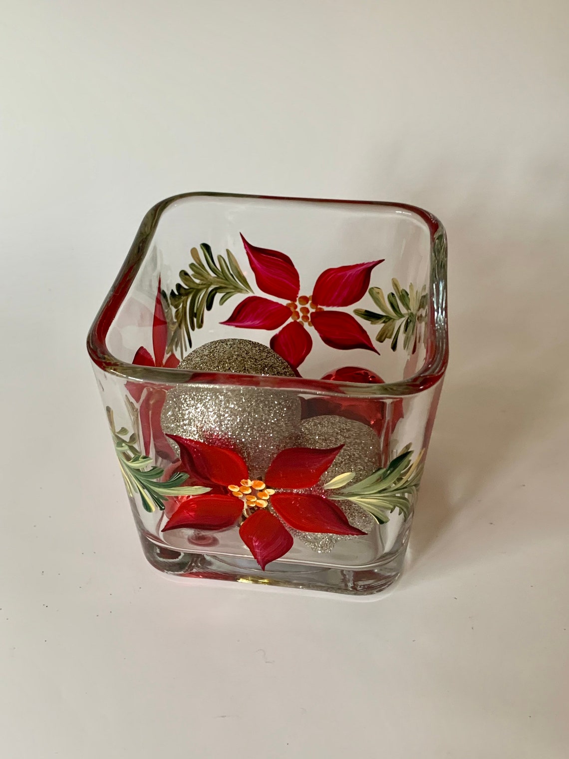 Poinsettia Candle Holder Hand Painted Winter Glass Dish Cute Etsy