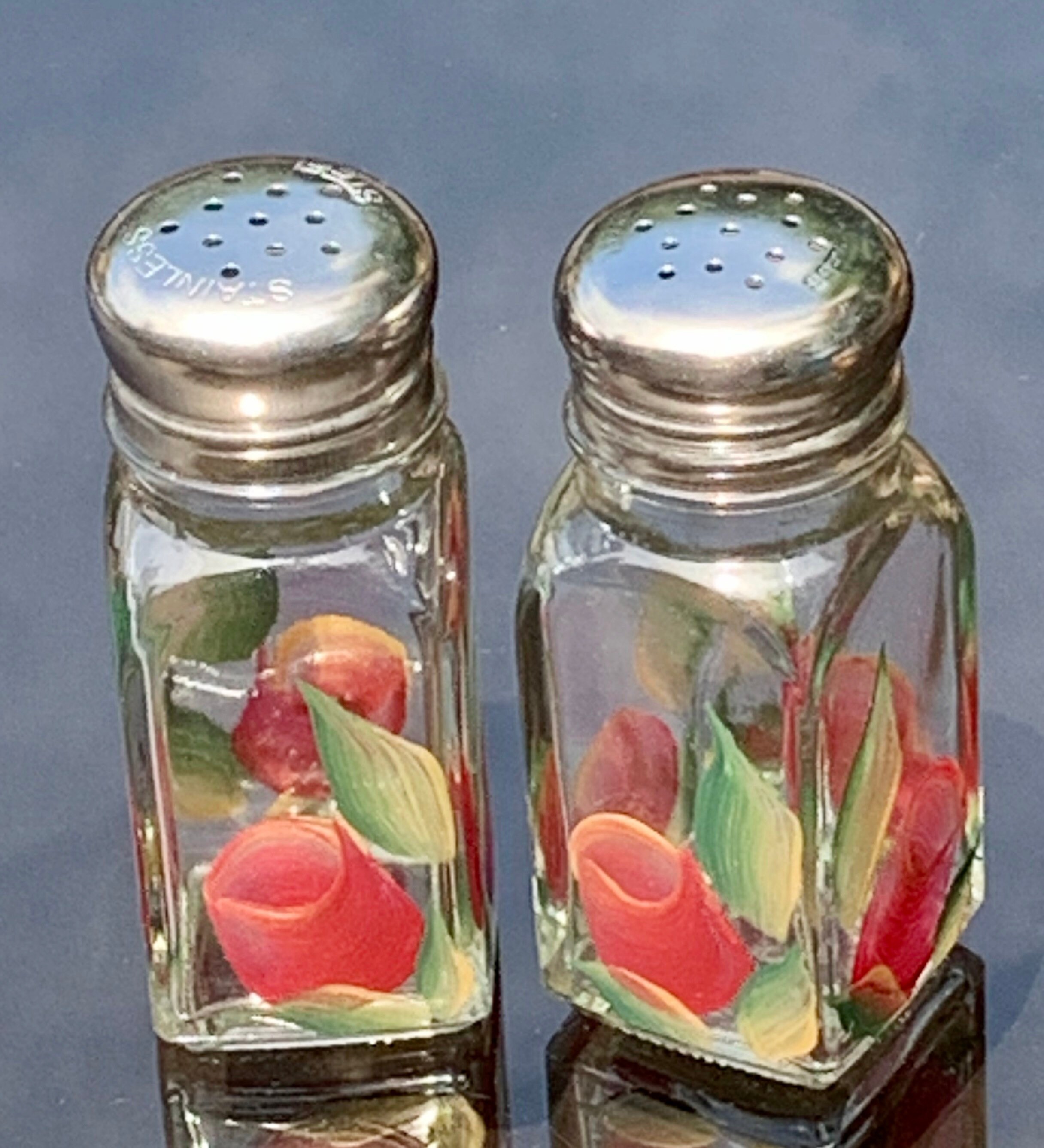 Painted salt and pepper shakers with rose buds glass shakers Etsy