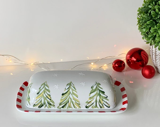 Butter Dish With Lid, Christmas Ceramic Butter Dish, Painted Christmas