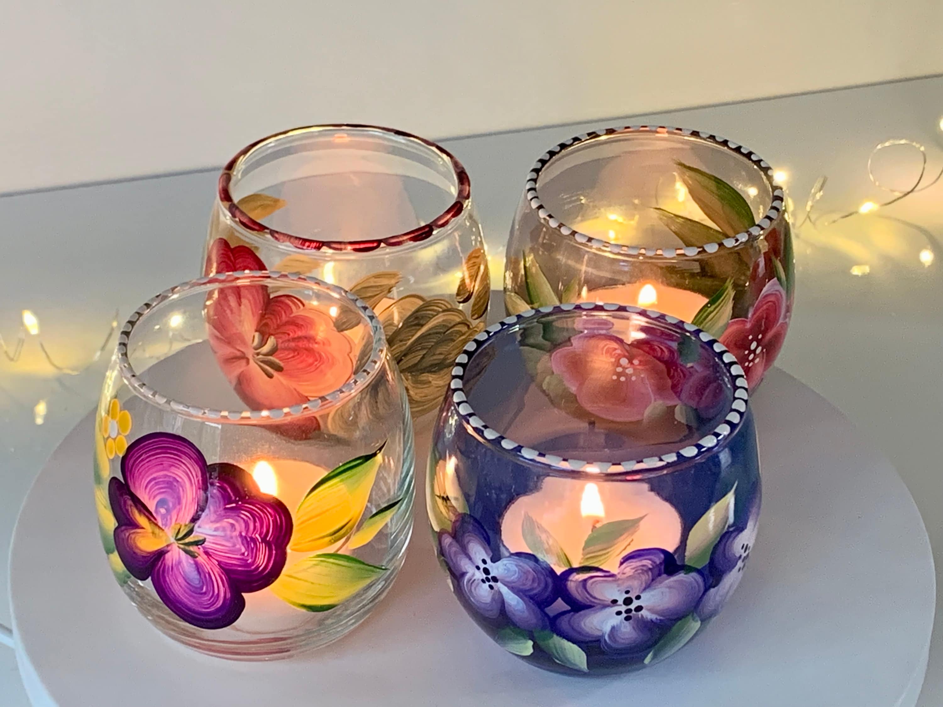 Hand Painted Candle Holder, Cranberry Flowers Tea Light Holder