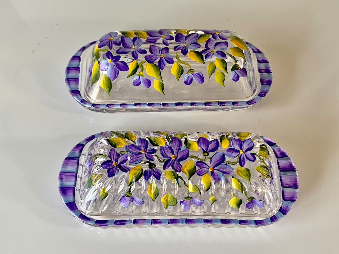 Butter Dish, Hand Painted Violets Glass Butter Dish, Covered Butter