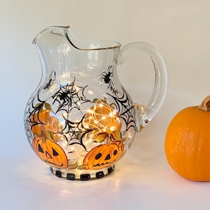 Halloween glass spooky pitcher, fall spooky pumpkin pitcher, spiders pumpkin autumn decor, lighted Halloween pitcher fall wedding gift