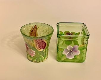 Hand painted, glass candle holder, votive holder, tea light holder, green glass, painted flowers, spring candle holder.