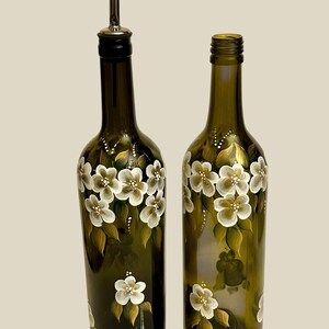 Painted olive oil bottle white gold flowers, vinegar dressing bottle, recycled wine bottle liquid dish soap dispenser, bride to be gift image 11