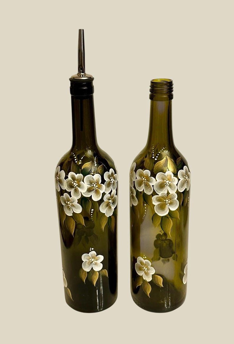 Painted olive oil bottle white gold flowers, vinegar dressing bottle, recycled wine bottle liquid dish soap dispenser, bride to be gift image 11
