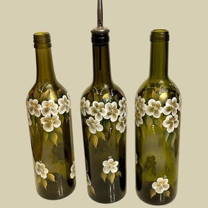 Painted olive oil bottle white gold flowers, vinegar dressing bottle, recycled wine bottle liquid dish soap dispenser, bride to be gift image 13