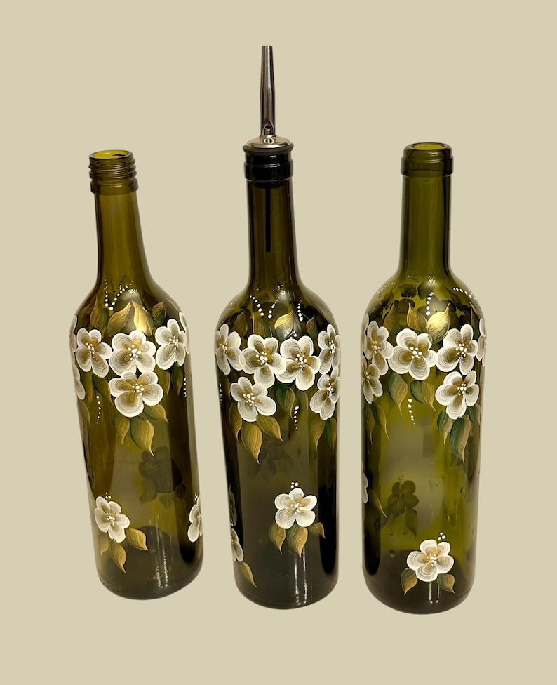 Painted olive oil bottle white gold flowers, vinegar dressing bottle, recycled wine bottle liquid dish soap dispenser, bride to be gift image 13
