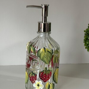 Dish soap dispenser painted  strawberry,  godmother soap dish gift for kitchen bathroom, strawberry hand lotion gift basket for women