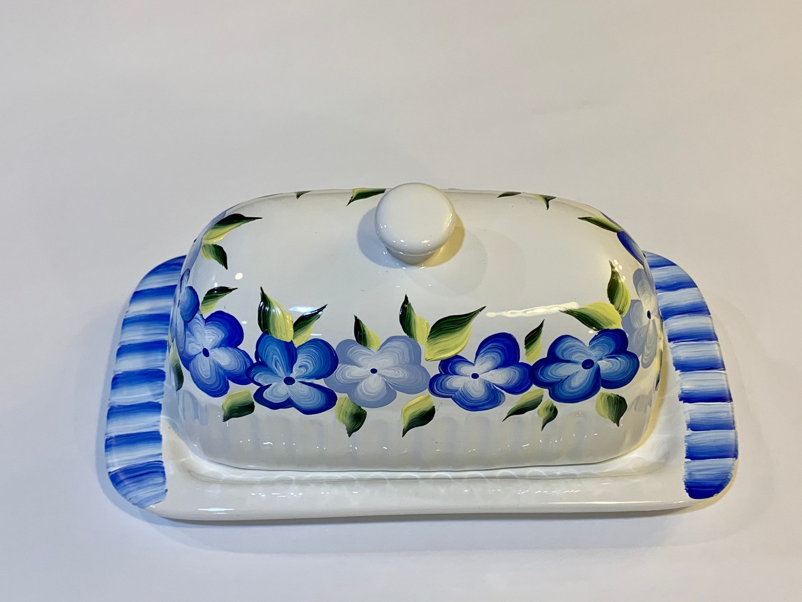 Painted ceramic butter dish with blue flowers design. Etsy