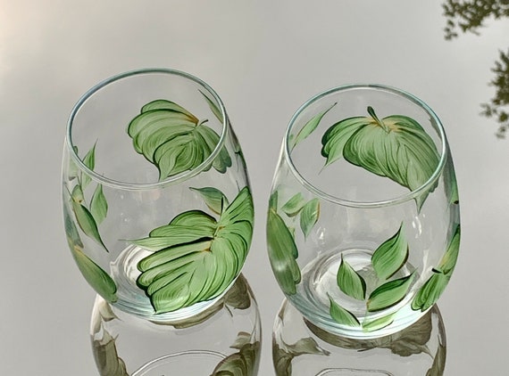 Stemless Wine Glass Painted With Green Gold Leaves Neutral 