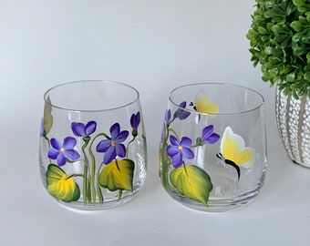 Wine glasses, painted stemless crystal glass, timeless violets glass, butterfly votive candle holder, cocktail glasses, dessert cup, goblet