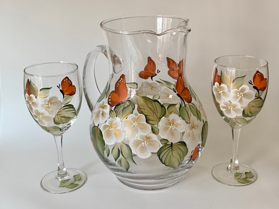 Butterfly Glass Pitcher Set, Painted Stemless Wine Glasses, Step Mom Gift,  White Gold Flowers Lemonade Pitcher Godmother Gift, Sangria Set 