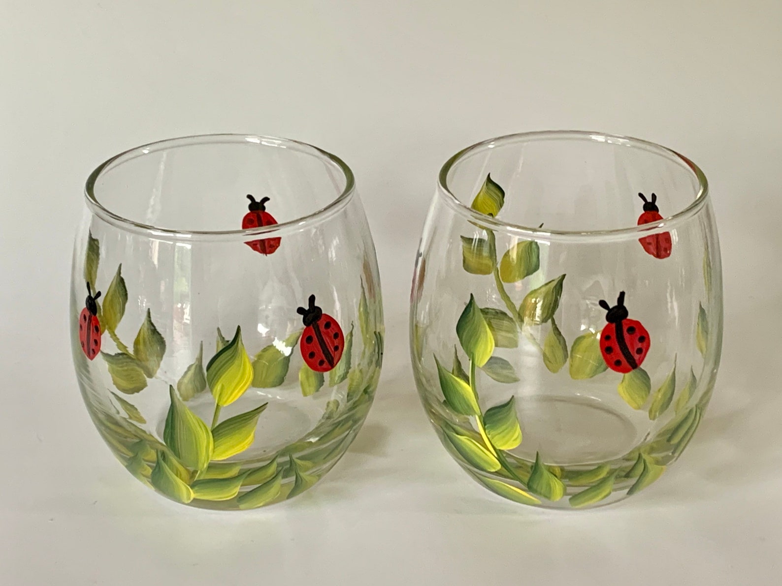 Painted Wine Glasses Stemless Ladybugs Valentines Gift Etsy