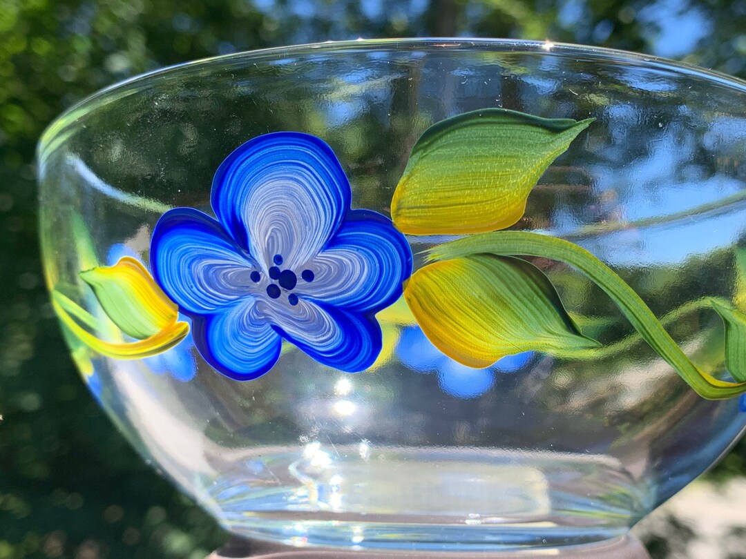 Painted Glass Bowl Bright Blue Flowers, Cute Snack Bowl Birthday Gift
