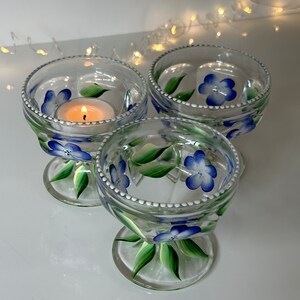 Painted glass votive candle holder, hand painted floral dessert cup, ONE cute grab bag gift, painted blue flowers potpourri dish mom gift