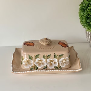 Painted butter dish with monarch butterflies, white flowers ceramic butter dish, butter keeper, covered butter dish, butter dish with lid