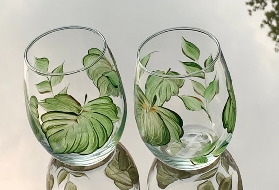 Stemless Wine Glass Painted With Green Gold Leaves Neutral 