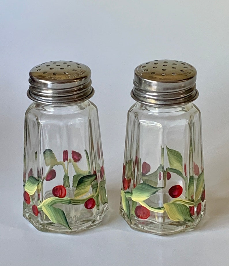 Hand Painted Glass Salt and Pepper Shakers With Holly Berry Etsy